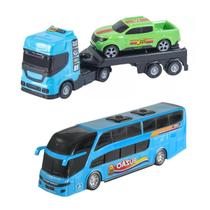 Kit 02un Ônibus Buzão C/ Caminhão Reboque Guincho E 1 Mini Pick-up Brinquedo