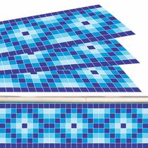 Kit 03 Adesivos Piscina Azulejo Mosaico Quadriculado Azul 100x30cm