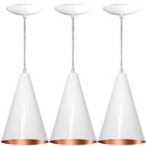 Kit 03 Arandelas Pendente Cone Em Alumínio - Branco E Cobre