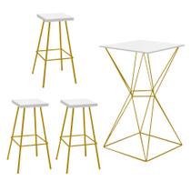 Kit 03 Banqueta Alta Eliza Com 01 Mesa Bistrô Lucca Industrial Ferro Dourado 100% MDF Branco - Ahazzo Móveis