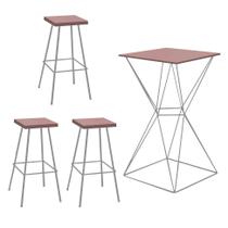 Kit 03 Banqueta Alta Eliza Com 01 Mesa Bistrô Lucca Industrial Ferro Prata 100% MDF Rose - Ahazzo Móveis