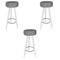 Kit 03 Banqueta Alta Flora Pés Palito em Madeira Branco para Bar Bistrô Cozinha material sintético Cinza - Damaffê Móveis Kit 03 Banqueta Alta Flora Pés Palito em Madeira Branco para Bar Bistrô Cozinha material sintético Cinza - Damaffê Móveis