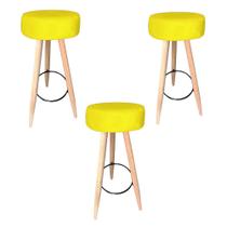 Kit 03 Banqueta Alta Flora Pés Palito em Madeira Branco para Bar Bistrô Cozinha Suede Amarelo - Damaffê Móveis Kit 03 Banqueta Alta Flora Pés Palito em Madeira Branco para Bar Bistrô Cozinha Suede Amarelo - Damaffê Móveis