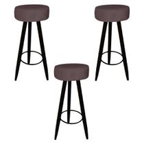 Kit 03 Banqueta Alta Flora Pés Palito em Madeira Preto Bar Bistrô Cozinha material sintético Marrom - Damaffê Móveis Kit 03 Banqueta Alta Flora Pés Palito em Madeira Preto Bar Bistrô Cozinha material sintético Marrom - Damaffê Móveis