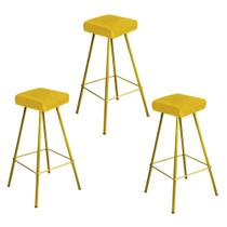 Kit 03 Banqueta Alta Lira Eiffel Industrial Cozinha Bar Balcão Bistrô Ferro Dourado Tecido Sintético Amarelo - Ahazzo Móveis