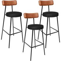 Kit 03 Banquetas Alta Bar Cozinha Sala De Jantar Milão L02 Tecido Sintético Camel Preto - Lyam Decor Kit 03 Banquetas Alta Bar Cozinha Sala De Jantar Milão L02 Tecido Sintético Camel Preto - Lyam Decor
