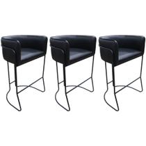 Kit 03 Banquetas Alta com Encosto Betina Base Preto Fosco Corano Preto - Nexta Casa Kit 03 Banquetas Alta com Encosto Betina Base Preto Fosco Corano Preto - Nexta Casa