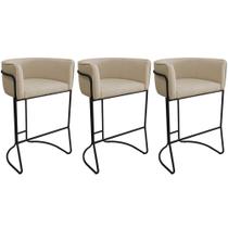 Kit 03 Banquetas Alta com Encosto Betina Base Preto Linho Areia - Nexta Casa