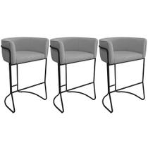Kit 03 Banquetas Alta com Encosto Betina Base Preto Poliéster Cinza - Nexta Casa Kit 03 Banquetas Alta com Encosto Betina Base Preto Poliéster Cinza - Nexta Casa