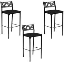 Kit 03 Banquetas Alta com Encosto Luiza Gourmet Para Balcão Cozinha Suede Preto - Aurora Line Kit 03 Banquetas Alta com Encosto Luiza Gourmet Para Balcão Cozinha Suede Preto - Aurora Line