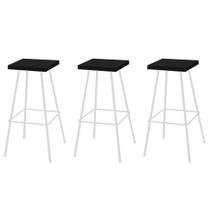 Kit 03 Banquetas Alta Eliza 75cm Industrial Para Cozinha Ferro Branco 100% MDF Preto - Ahazzo Móveis