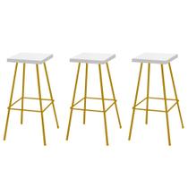 Kit 03 Banquetas Alta Eliza 75cm Industrial Para Cozinha Ferro Dourado 100% MDF Branco - Ahz Móveis