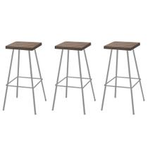 Kit 03 Banquetas Alta Eliza 75cm Industrial Para Cozinha Ferro Prata 100% MDF Castanho - Ahazzo Móveis