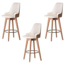 Kit 03 Banquetas Alta Giratória com Encosto Lary Para Cozinha Composê material sintético Nozes e Linho Bege - Aurora Line