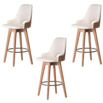 Kit 03 Banquetas Alta Giratória com Encosto Lary Para Cozinha Composê Sintético Nozes e Linho Bege - Aurora Line Kit 03 Banquetas Alta Giratória com Encosto Lary Para Cozinha Composê Sintético Nozes e Linho Bege - Aurora Line