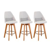 Kit 03 Banquetas Alta Maya Giratória Com Encosto Gourmet Linho Bege e Almofada ZigZag - Aurora Line