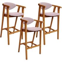 Kit 03 Banquetas Alta Para Cozinha Bancada Bar Sala de Jantar Fixa Cecília L02 Suede Rosê - Lyam