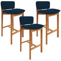 Kit 03 Banquetas Alta Para Cozinha Sala de Jantar Bar Dara L02 Suede Azul Marinho - Lyam Decor