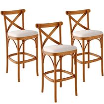 Kit 03 Banquetas Altas Cozinha Bancada Bar Sala De Jantar Estofada ávila L02 Linho Cru - Lyam