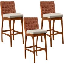 Kit 03 Banquetas Altas Cozinha Sala De Jantar Fixa Mila B04 Sintético Camel Linho Cru - Lyam Decor Kit 03 Banquetas Altas Cozinha Sala De Jantar Fixa Mila B04 Sintético Camel Linho Cru - Lyam Decor