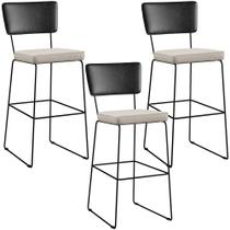 Kit 03 Banquetas Altas Cozinha Sala Jantar Fixa Allana L02 Sintético Preto Linho Cru - Lyam Decor Kit 03 Banquetas Altas Cozinha Sala Jantar Fixa Allana L02 Sintético Preto Linho Cru - Lyam Decor