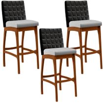 Kit 03 Banquetas Altas Cozinha Sala Jantar Fixa Mila L02 material sintético Preto Linho Cinza - Lyam Decor Kit 03 Banquetas Altas Cozinha Sala Jantar Fixa Mila L02 material sintético Preto Linho Cinza - Lyam Decor