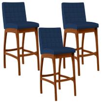 Kit 03 Banquetas Altas Para Cozinha Sala de Jantar Fixa Mila B04 Suede Azul Marinho - Lyam Decor