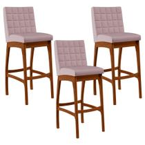 Kit 03 Banquetas Altas Para Cozinha Sala de Jantar Fixa Mila L02 Suede Rosê - Lyam Decor