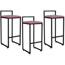 Kit 03 Banquetas Altas Para Cozinha Sala de Jantar Hanna L02 Preto Suede Rosê - Lyam Decor Kit 03 Banquetas Altas Para Cozinha Sala de Jantar Hanna L02 Preto Suede Rosê - Lyam Decor