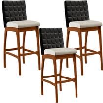 Kit 03 Banquetas Altas Sala De Jantar Fixa Mila L02 material sintético Preto Linho Champagne - Lyam Decor Kit 03 Banquetas Altas Sala De Jantar Fixa Mila L02 material sintético Preto Linho Champagne - Lyam Decor