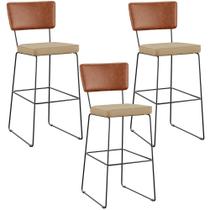 Kit 03 Banquetas Altas Sala Jantar Fixa Allana L02 Sintético Camel Linho Bege Escuro - Lyam Decor