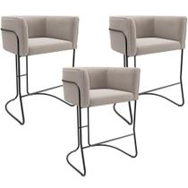 Kit 03 Banquetas Baixa Base de Aço Preto Betina D02 Bouclê Creme B-54 - Lyam Decor