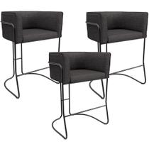 Kit 03 Banquetas Baixa Base de Aço Preto Betina D02 Linho Cinza Escuro A-420 - Lyam Decor Kit 03 Banquetas Baixa Base de Aço Preto Betina D02 Linho Cinza Escuro A-420 - Lyam Decor