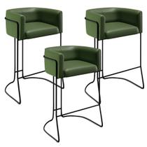 Kit 03 Banquetas Decorativas Fixa Base de Aço Preto Betina D02 Corano Verde Musgo C-120 - Lyam Decor