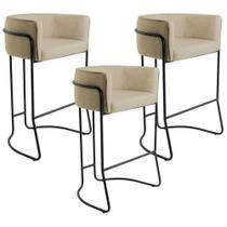 Kit 03 Banquetas Decorativas Fixa Base de Aço Preto Betina D02 Linho Bege C-129 - Lyam Decor