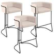 Kit 03 Banquetas Decorativas Fixa Base de Aço Preto Betina D02 Veludo Bege C-309 - Lyam Decor