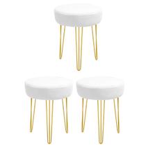 Kit 03 Banquetas Puff Jullia Luxo 55cm Industrial Ferro Dourado Suede Branco - Ahazzo Móveis