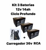 Kit 03 baterias vrla 12v 14ah ciclo prof para patinete , skate , bicicleta +caregador 36v 2ah.