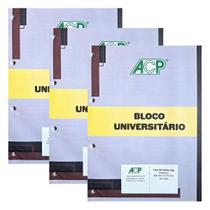 Kit 03 Bloco Refil Fichário ACP Universitário 96fls 56g/m² Pauta Básica