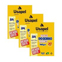 Kit 03 Blocos de Desenho Escolar A4 Branco 140gm 20 Folhas - Usapel
