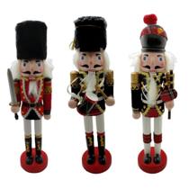 Kit 03 Bonecos Soldado Quebra-Nozes de Madeira 30cm Decoração Natal