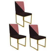 Kit 03 Cadeira Office Stan Duo Sala de Jantar Industrial Ferro Dourado Suede Marrom e Rose Gold - Ahz Móveis