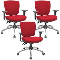 Kit 03 Cadeiras de Escritório Executiva Giratória Cromada Baixa Flexi P03 Poliéster Vermelho-Lyam
