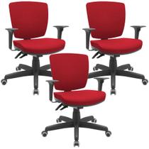 Kit 03 Cadeiras de Escritório Executiva Giratória Preto Baixa Flexi P03 Poliéster Vermelho -Lyam