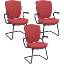 Kit 03 Cadeiras de Escritório Fixa Executiva Office Preto Slim Alta Flexi P03 Vinil Vermelho -Lyam
