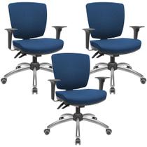 Kit 03 Cadeiras Escritório Executiva Office Giratória Cromada Baixa Flexi P03 Poliéster Azul-Lyam