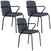 Kit 03 Cadeiras Estofada Para Sala de Jantar com Braço Loft Preto C01 Bouclê Nuvem - Lyam Decor