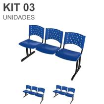 Kit 03 Cadeiras longarinas PLÁSTICAS 03 Lugares COR AZUL REALPLAST