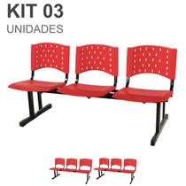 Kit 03 Cadeiras longarinas PLÁSTICAS 03 Lugares para recepção Cor VERMELHO REALPLAST