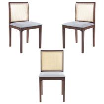 Kit 03 Cadeiras Sala de Jantar Madeira Maciça Steve Tela Rattan Sextavano Linho Cinza/Amêndoa G55 - Gran Belo Kit 03 Cadeiras Sala de Jantar Madeira Maciça Steve Tela Rattan Sextavano Linho Cinza/Amêndoa G55 - Gran Belo